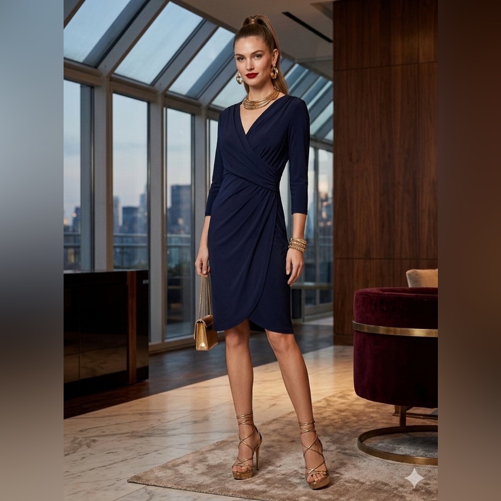 Lauren Ralph Lauren  Navy Faux Wrap Ruched Sheath Career Office Church Dress 18W